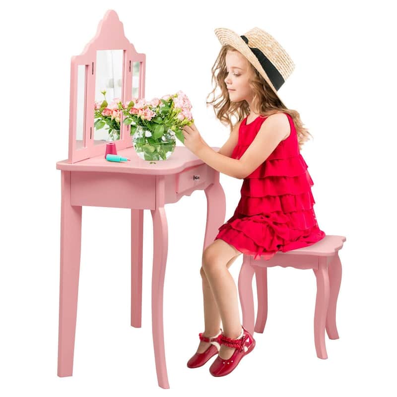 Kids Makeup Dressing Mirror Vanity Table Stool Set - 27.5" x 13.5" x 41" (L x W x H)