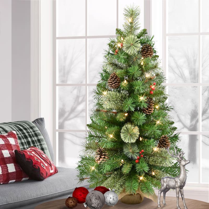 Puleo International 3 ft. Pre-Lit Decorated Artificial Christmas Tree in Burlap Sac - 3 Foot - Green
