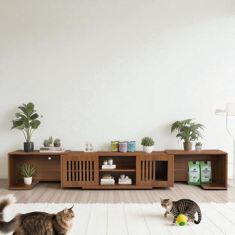 Mid-Century Modern Extendable TV Stand with Cat House & Litter Box Enclosure, Walnut Entertainment Center with Sliding Doors