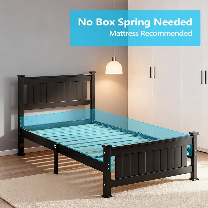 Twin Size Black Wood Platform Bed Frame with Headboard,Under Bed Storage Space,No Box Spring Needed,Heavy duty