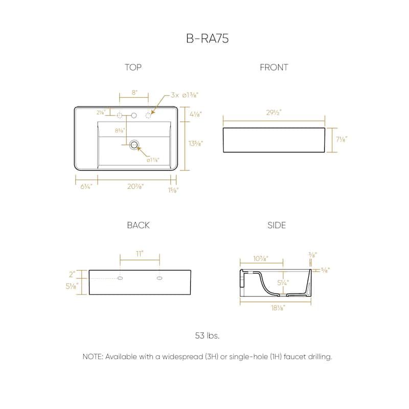 Rectangular Wall Mount Basin with Faucet Drilling Options and Rear Center Drain Location