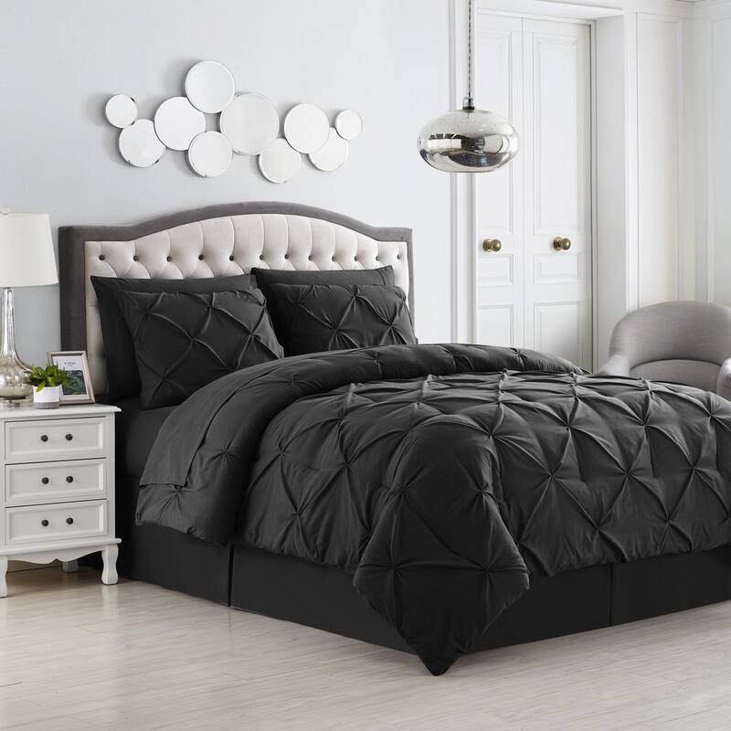 8 Piece Bed In A Bag Pintuck Comforter Sheet Set - Black - Queen