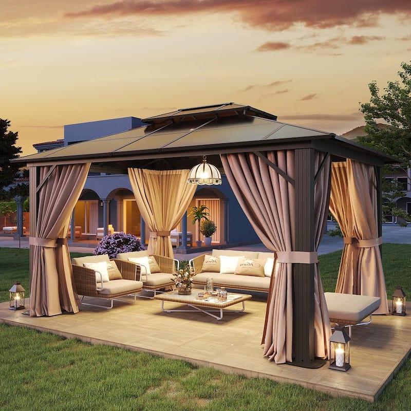 Hardtop Gazebo, Aluminum Frame Permanent Pavilion with Curtains and Netting