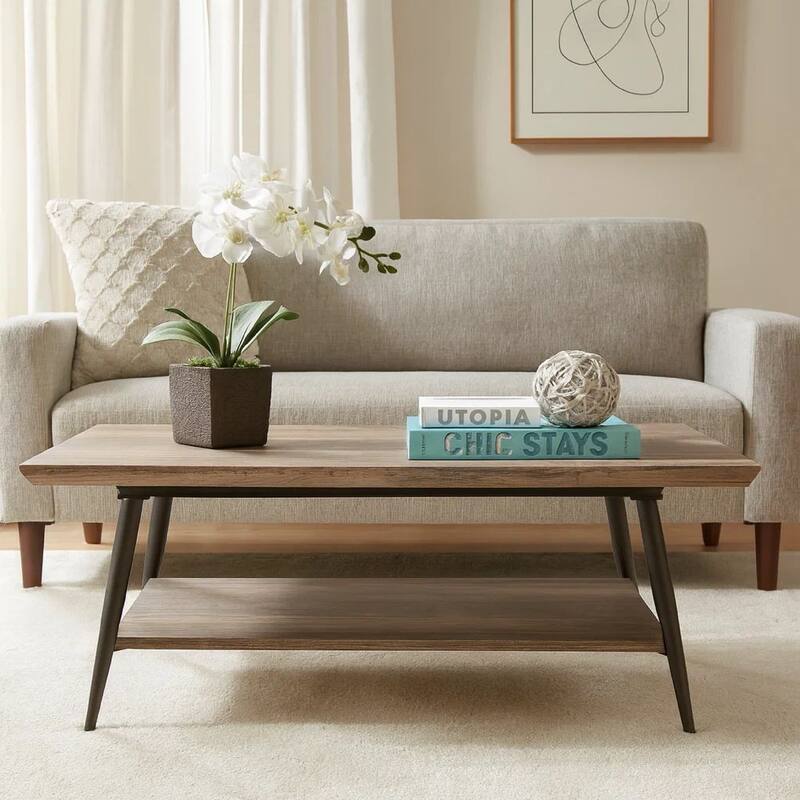 Coffee Table, 43 Inch Top, Black Metal Legs, Taupe Gray Wood Finish