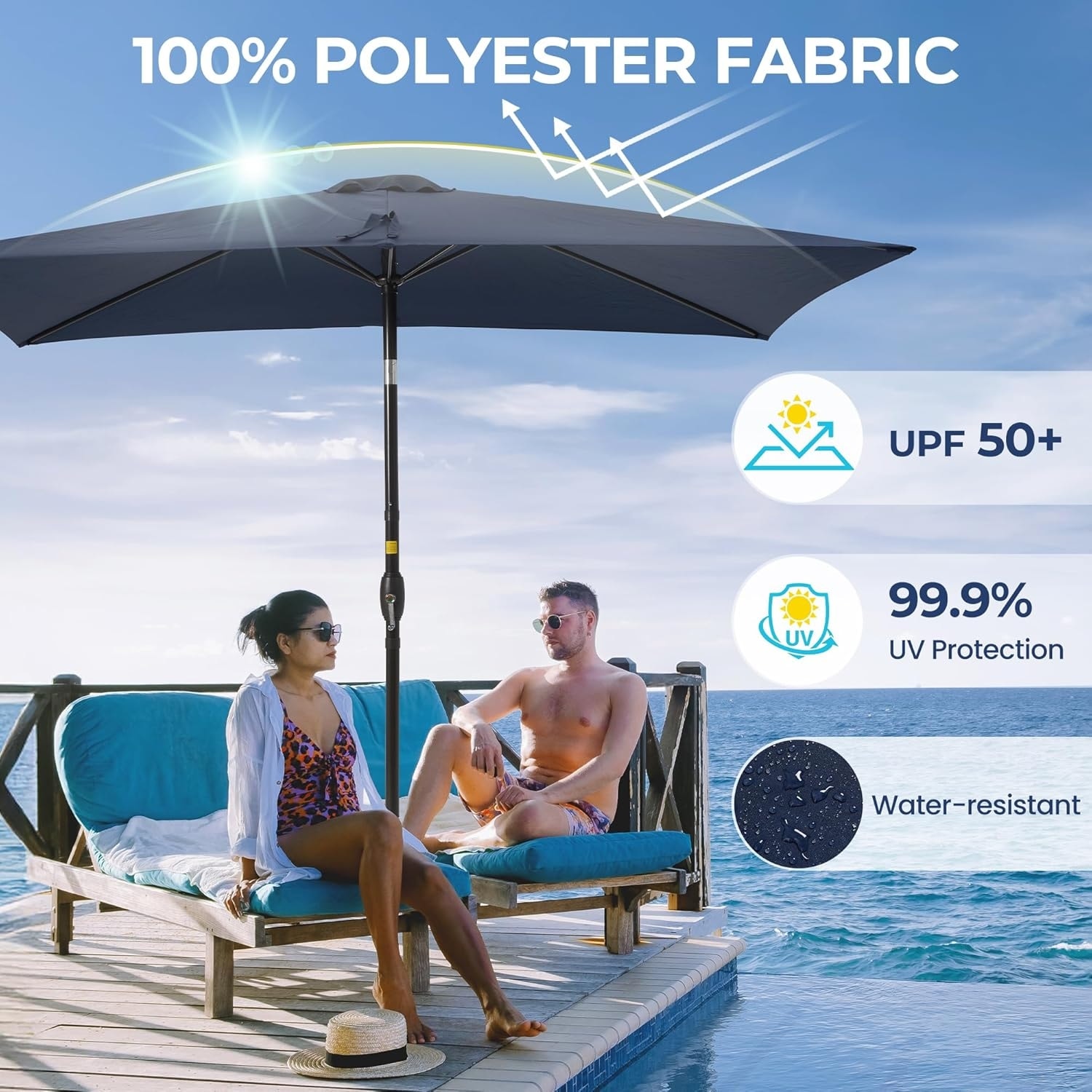 100 uv protection patio umbrellas Merrick Lane Bali Teal 9' Round Resistant Outdoor Umbrella With Height Lever And 33 Push Button Tilt proof powder Outdoor Patio 10 x 13FT