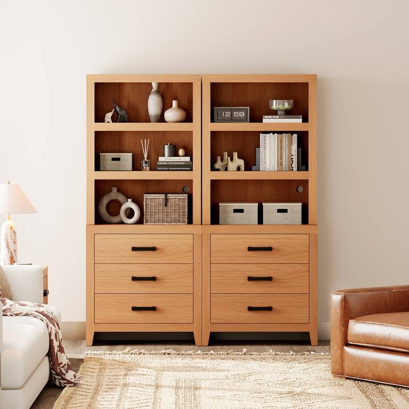 3-Tier Bookshelf with 3 Large Drawers, 74" Tall Farmhouse Bookcase with Wide Metal Handles, for Living Room, Office, Library