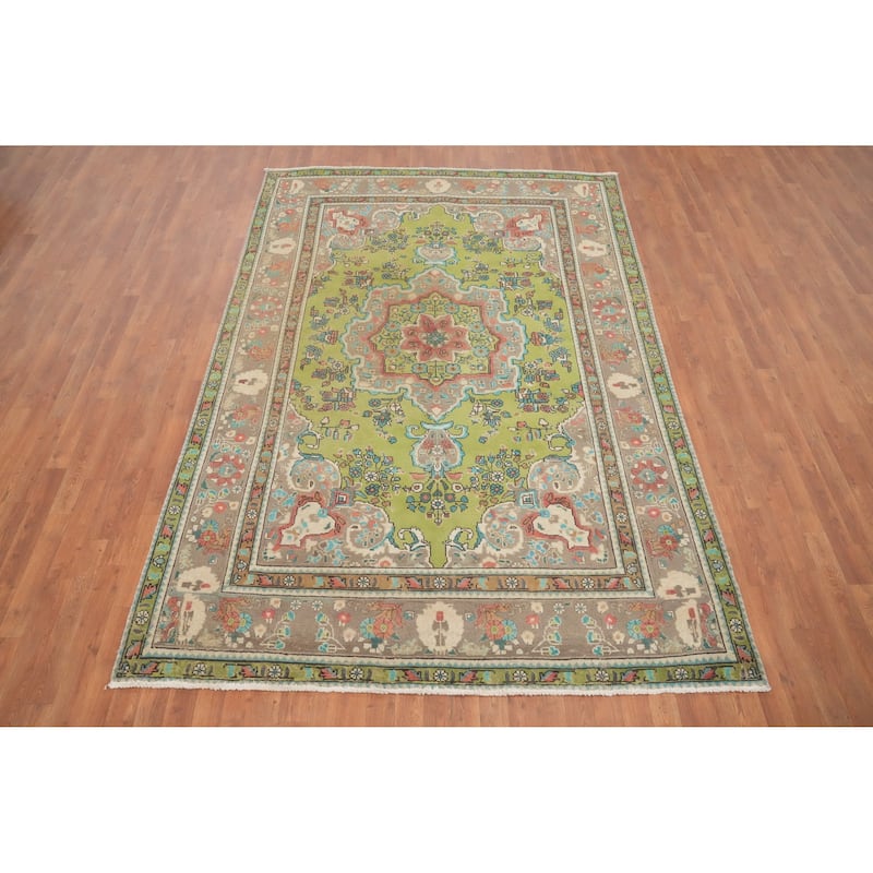 Hand Knotted Oriental 100% Wool Carpet Traditional Floral Green Tabriz Area Rug - 9' 7'' X 6' 5''