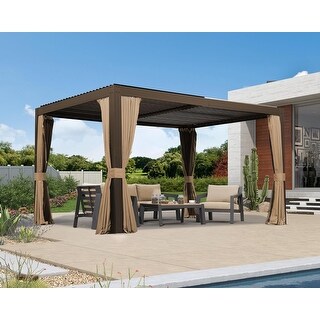 PURPLE LEAF Outdoor Louvered Pergola Adjustable Metal Roof Hardtop Gazebo with Netting and Curtains