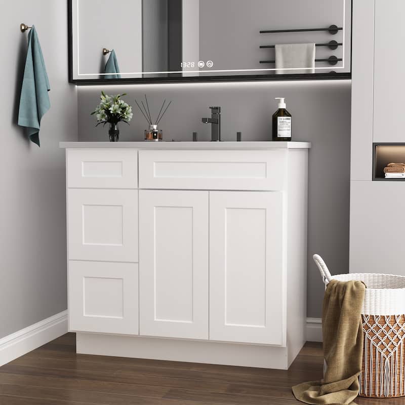 Bathroom Cabinet with Soft-Close Doors & Drawers, Moisture-Proof MDF Construction, Versatile Storage - 36 in ,White ,Plywood ,left door - White