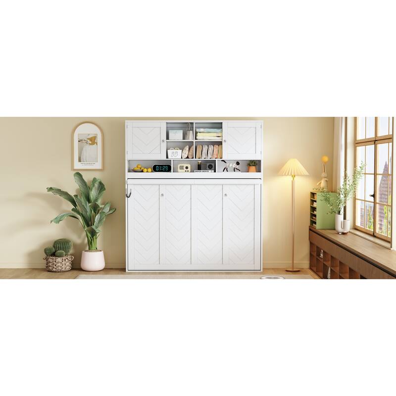 Queen Size Wall Murphy Bed with Storage and Chevron Stripes, White