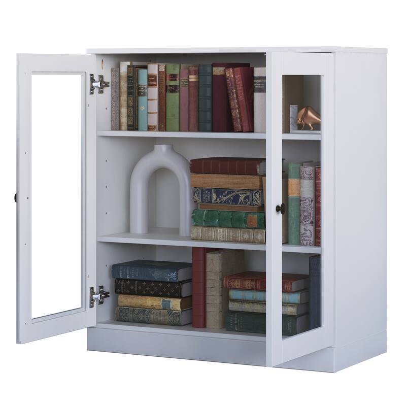 Palace Imports 100% Solid Wood 3-Shelf Bookcase, Clear Glass Doors, Adjustable Shelves, 32" Wide, 35.75" Tall