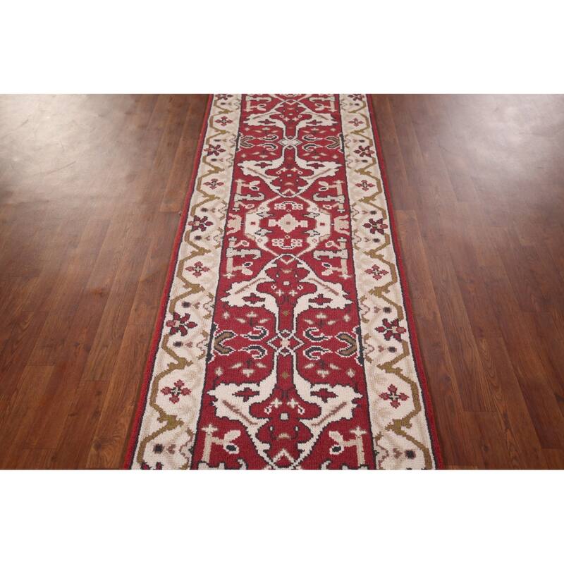 All-Over Red & Ivory Oushak Indian Runner Rug Handmade Wool Carpet - 2'6"x 9'9"