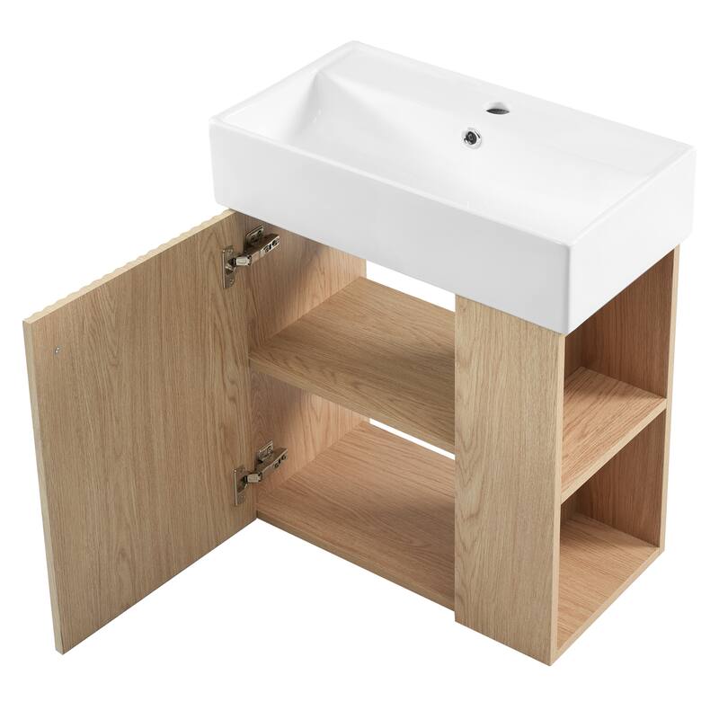 Floating Bathroom Vanity with Sink, Wall Mounted Bathroom Vanity, Narrow Bathroom Cabinet with Soft-Close Door & Open Shelf