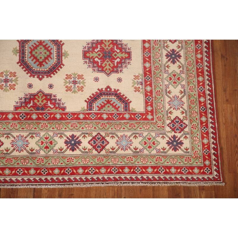 Beige Kazak Area Rug Hand-Knotted Geometric Wool Carpet - 6'6" x 9'2"