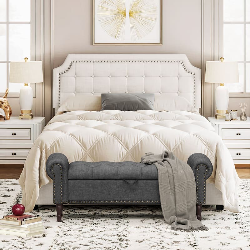 Modern Velvet Upholstered Storage Bench with Silver Nailhead Trim
