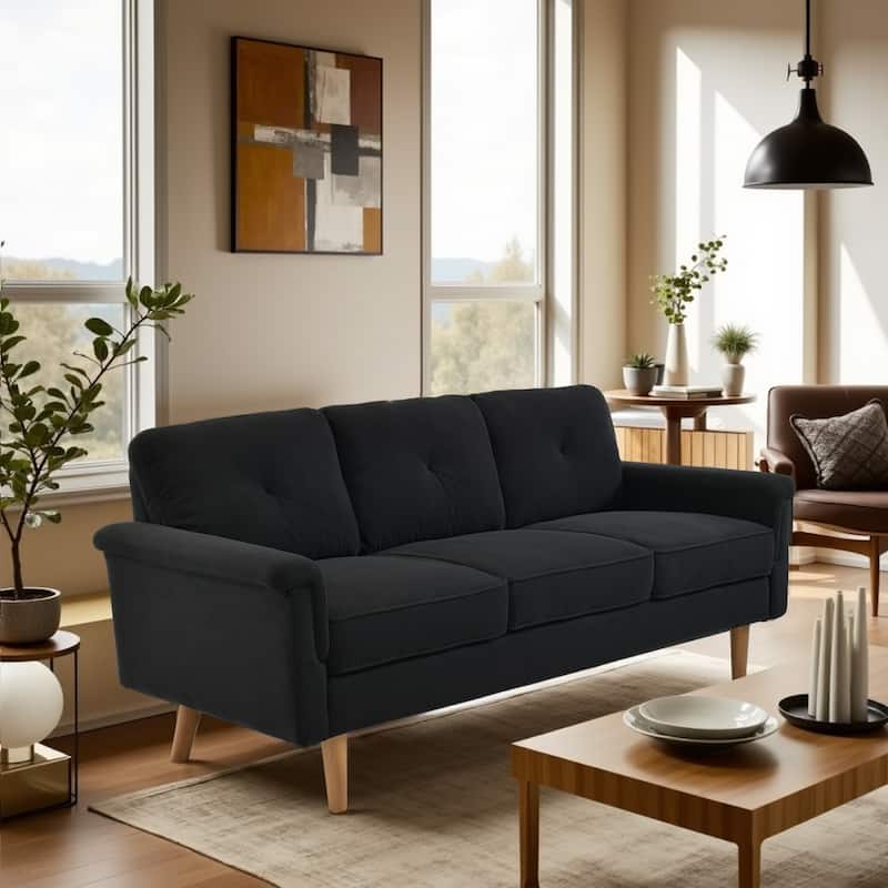 HOOOWOOO Mid-Century 3-Seat Upholstered Sofa with Wood Legs for Living Room - Black