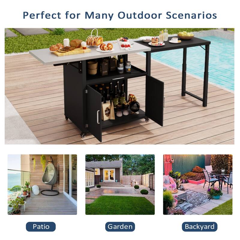 Roomfitters Versatile Outdoor Cabinet with Folding Work Surfaces Lockable Wheels & Ample Storage, Matte Black