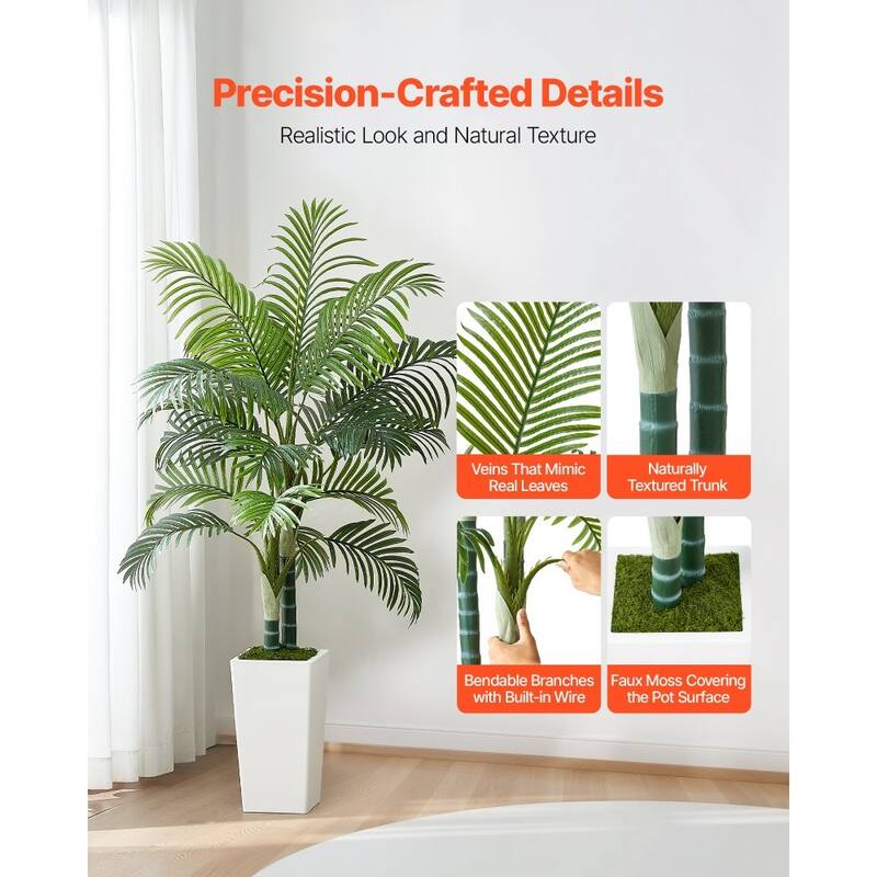 Thick-Trunk Areca Palm Artificial Tree with Green Leaves in White Planter for Home or Office Decor