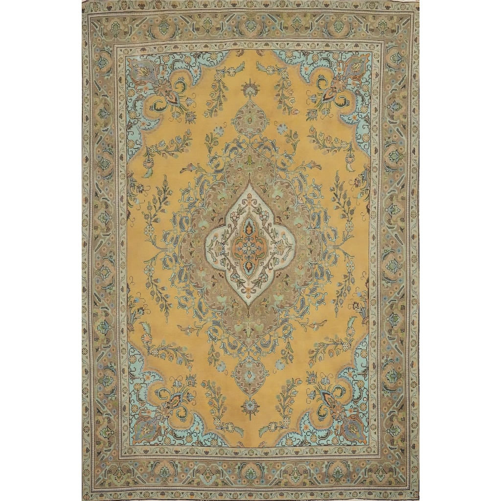 Hand Knotted Oriental 100% Wool Carpet Traditional Floral Yellow & Gold Tabriz Area Rug - 12' 6'' X 9' 5''