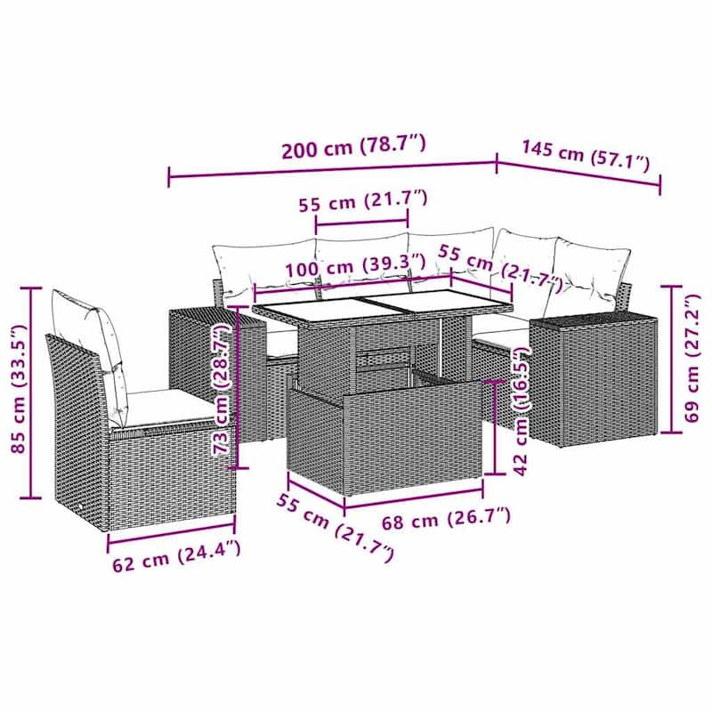 vidaXL Patio Sofa Set with Cushions Table and Couches 6 Piece Poly Rattan - 24.4" x 24.4" x 27.2"
