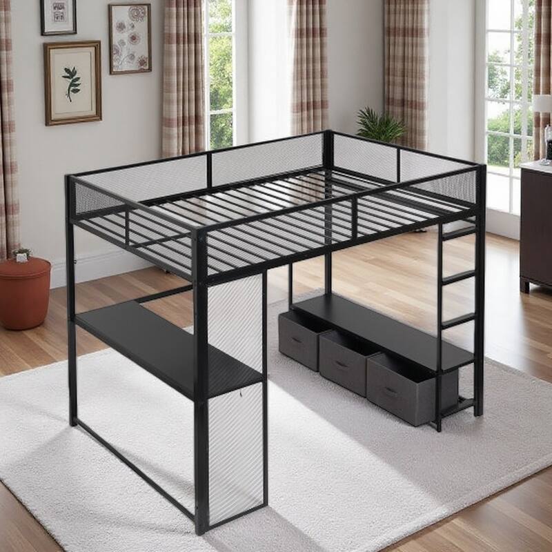 Full Size Metal Loft Bed with LED Lights, Desk, Storage Wardrobe, and 3 Linen Drawers, Black - Black