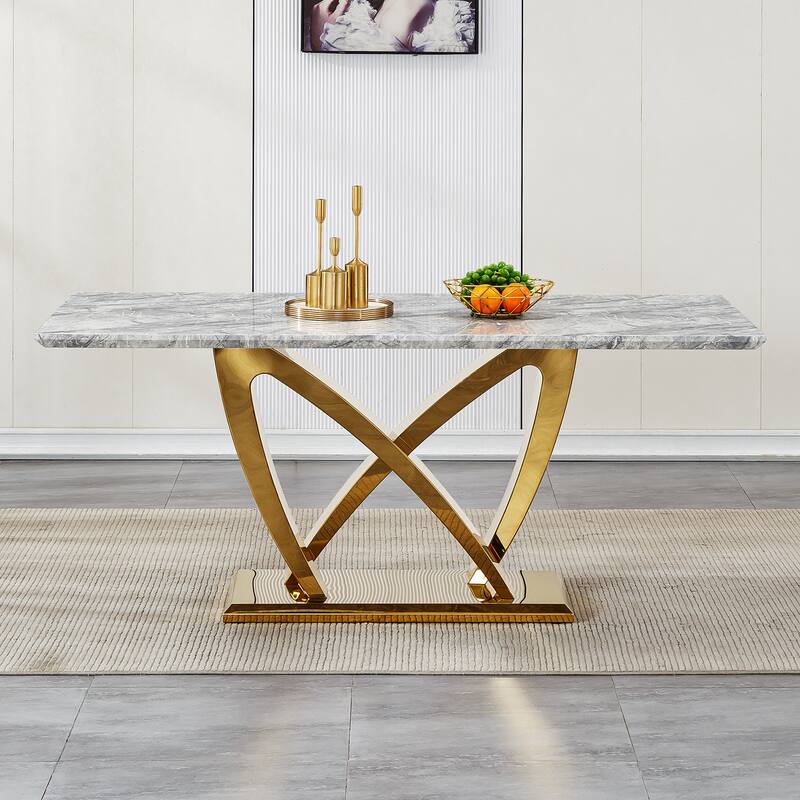 70'' Rectangle Faux Marble Dining Table with Mirrored Finish Stainless Steel Base - Grey+Gold
