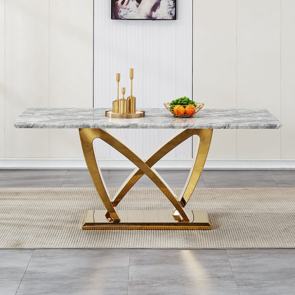 70'' Rectangle Faux Marble Dining Table with Mirrored Finish Stainless Steel Base - Grey+Gold