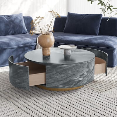 33.5 in Round Marble Top Modern Minimalist Coffee Table with Drawers
