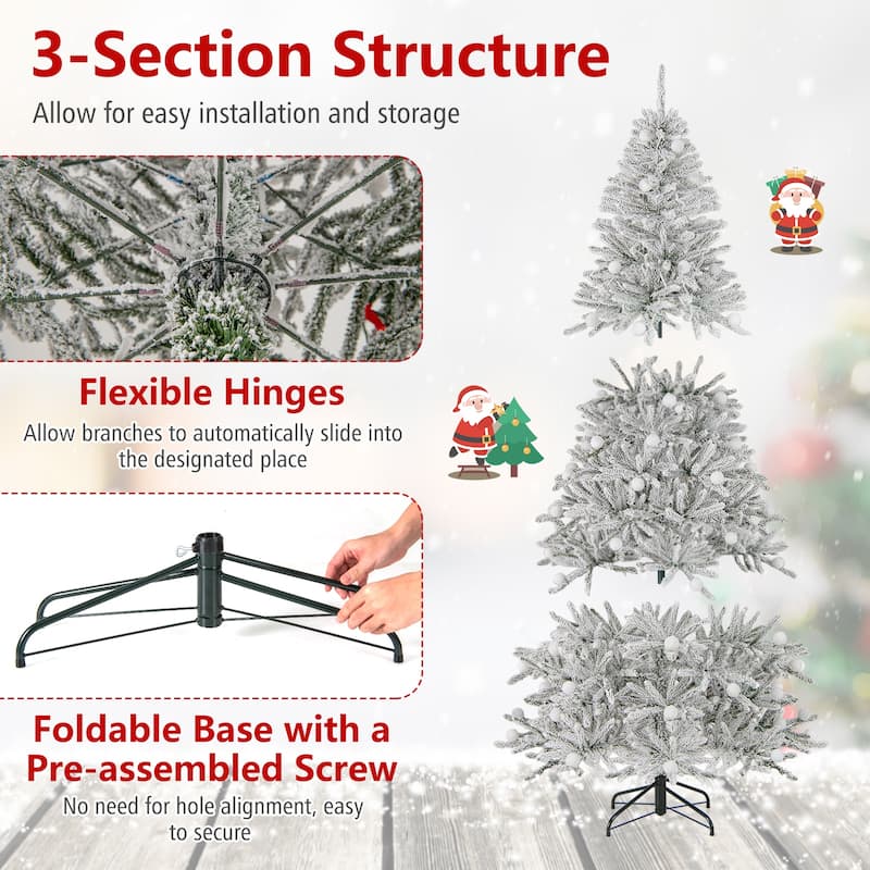Gymax 6/7/8 FT Snow-flocked Artificial Christmas Tree w/51/65/81 - Green+White