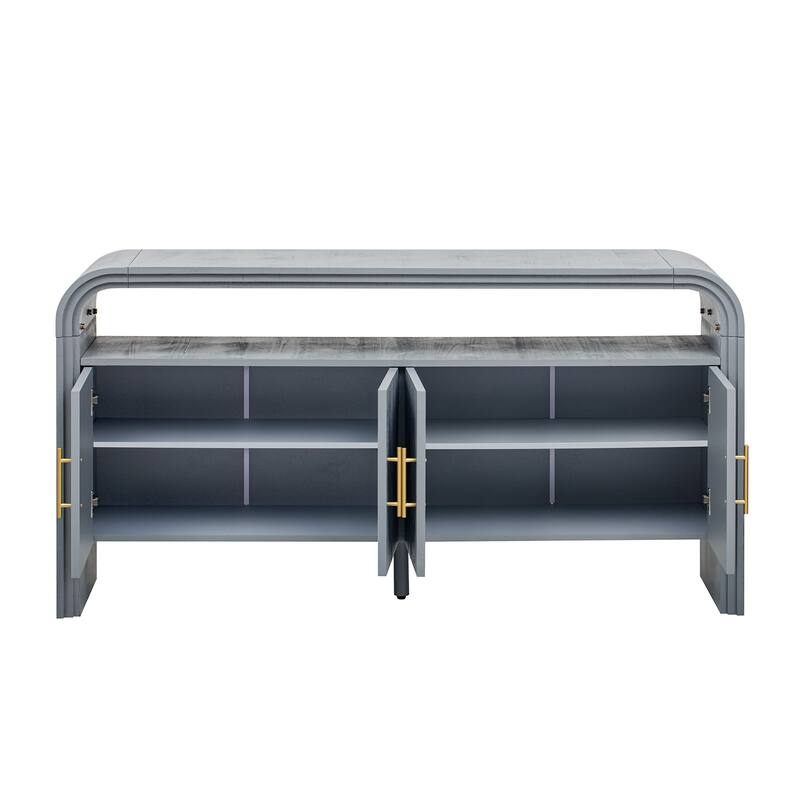 Curved Sideboard with 4 Doors, Wood Accent Entryway Console Table, Freestanding Buffet Cabinet with Open Shelves