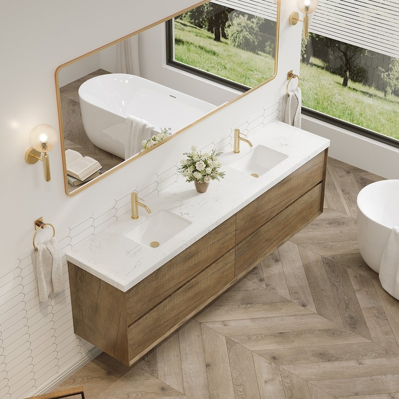 24"30"36"48"60"72" Floating Bathroom Vanity Engineered Stone Top with Rectangular Ceramic Undermount Sink