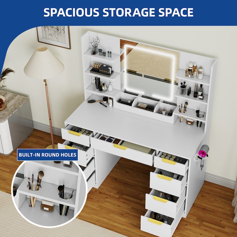 Moasis 9 Drawers Bedroom Vanity Desk,Makeup Vanity with Lighted Mirror and 9 Open Shelves