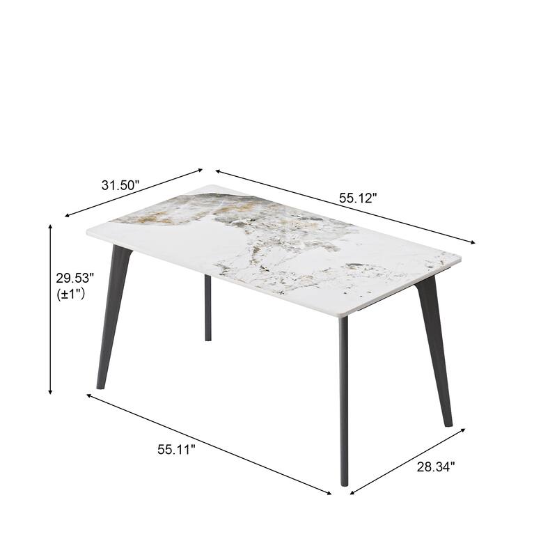 55 inch Dining Table for 4, Modern Sintered Stone Dining Room Table, Rectanglur Kitchen Table with Black Metal Legs