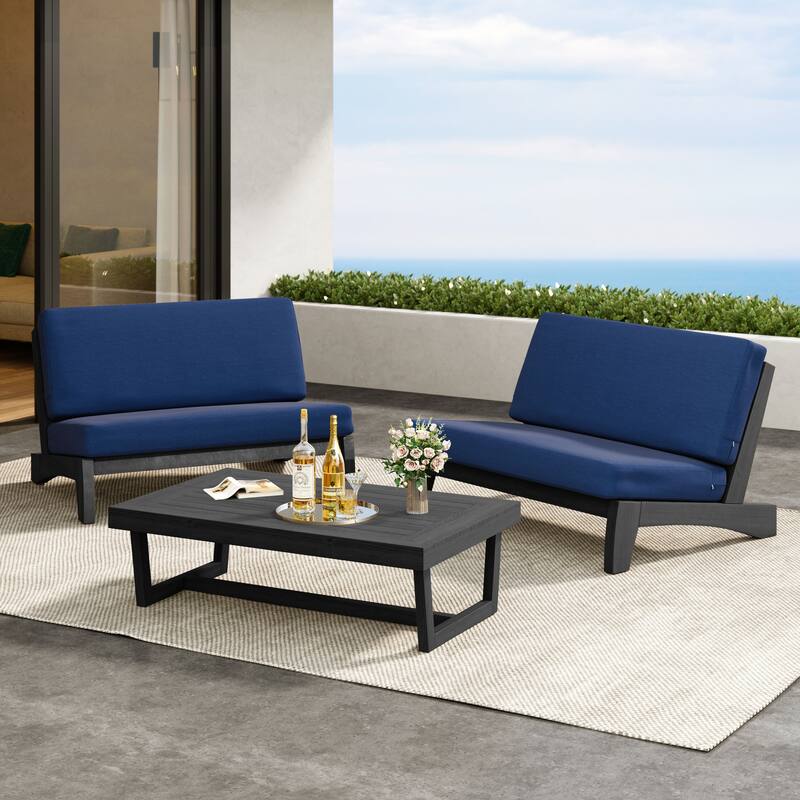 Outdoor 3-Piece Armless Lovesaet Sofa Conversation Set with Table - Separate Cushion - Navy/Black