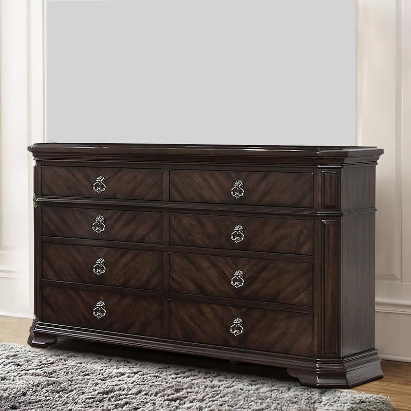 Traditional 8 Drawer Wooden Dresser with Bracket Legs Support, Brown