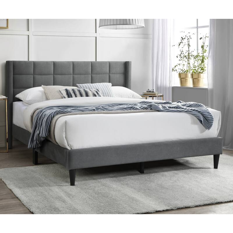 Modern Gray Brushed Linen Queen Size Upholstered Platform Bed with Tufted Headboard