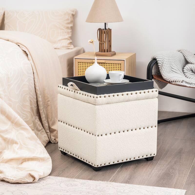 Adeco Fabric Square Ottoman with Tray
