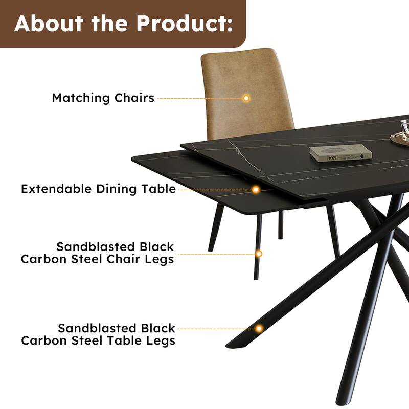 Retractable Sintered Stone Dining Table Set,with steel legs and a cross-leg structure at the bottom(Table + 4 Chairs)