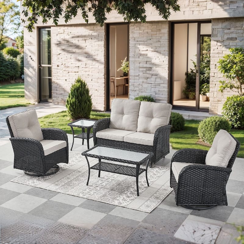 Pocassy 5 Pieces Glider Sofa with Swivel Chairs Ottomans - Black Wicker - Beige cushion