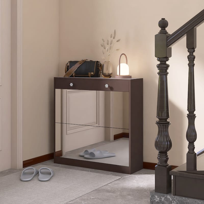 Mirror Shoe Cabinet with 2 Flip Drawers & Barn Door Design, Freestanding Shoe Cabinet Organizer with Drawer and Shelves