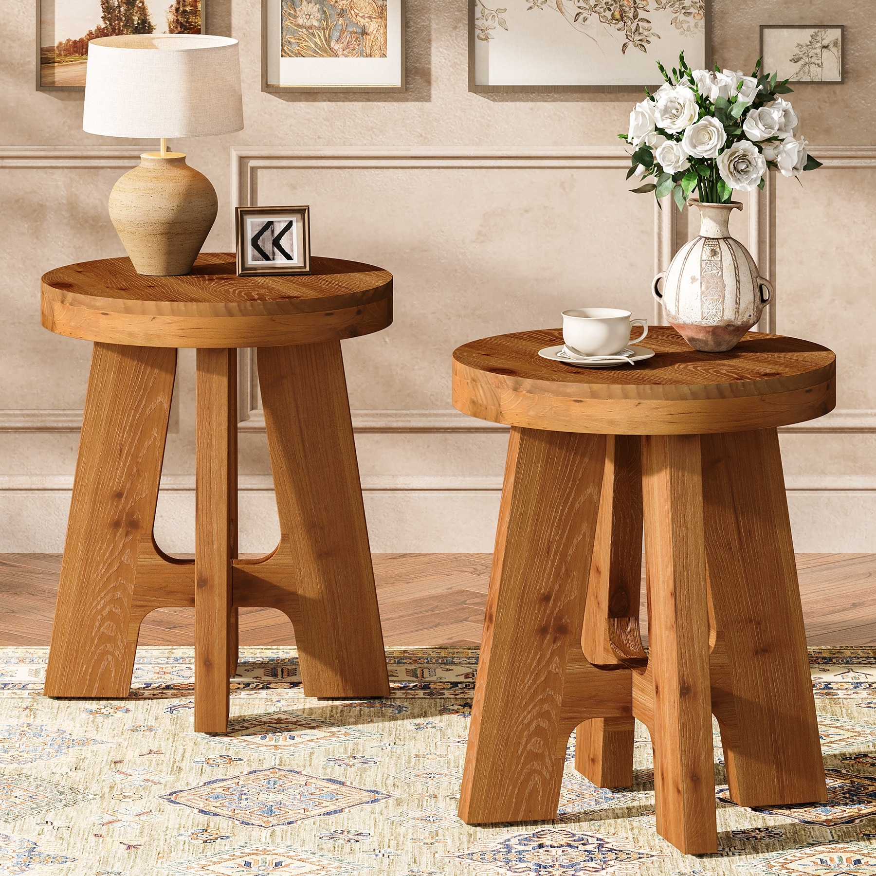 Solid Wood End Table, Round Side Table for Couch, Mid Century Modern Bedside Table for Bedroom, Small Spaces (Set of 2)