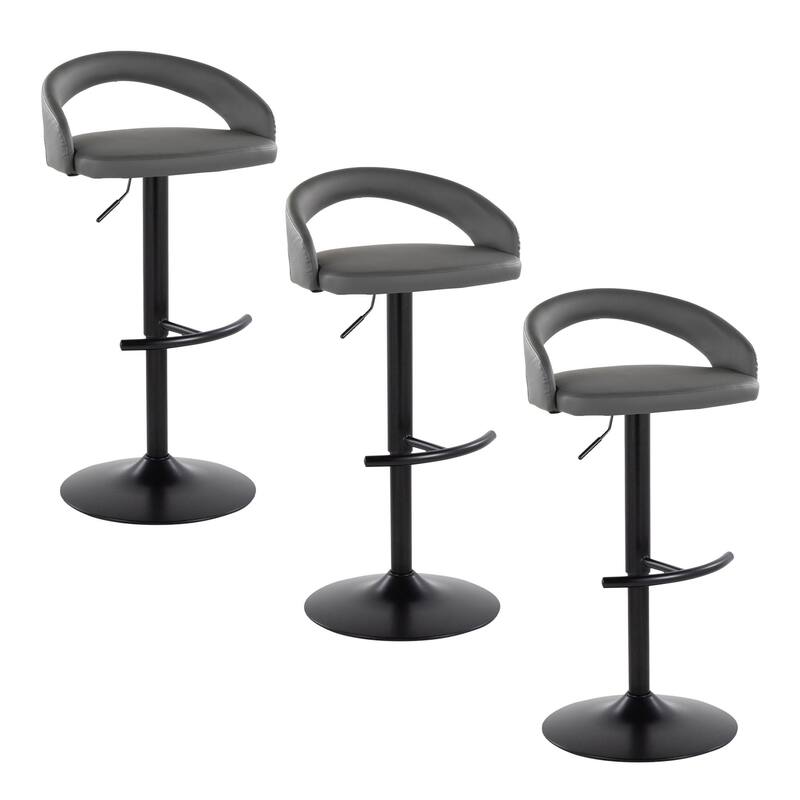 Grotto Upholstered Adjustable Barstool with Black Metal - Set Of 3 - Grey Faux Leather