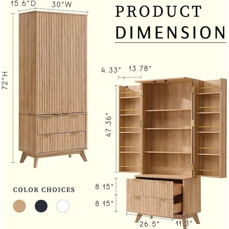 72" Tall Modern Fluted Pantry Cabinet, Storage Cabinet, Wood Cupboard