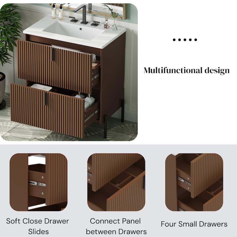 30" Bathroom Vanity with Ceramic Sink, Fluted Design, Full-Extension Drawers, Soft Close Drawer Slides