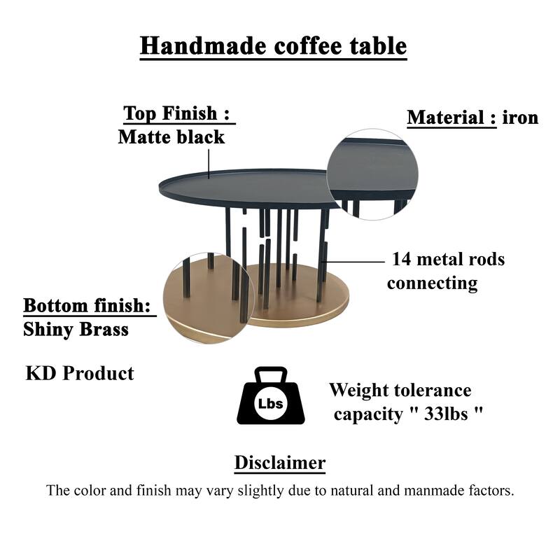 Neci 31 Inch Coffee Table, Round Matte Black Tray Top, Modern Rod Supports with Brass Base
