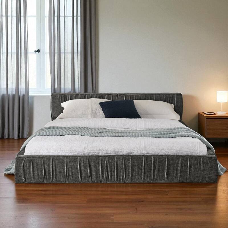 Queen Size Upholstered Platform Bed Frame with Chenille Pleated Headboard, Solid Wood Slats, No Box Spring Needed