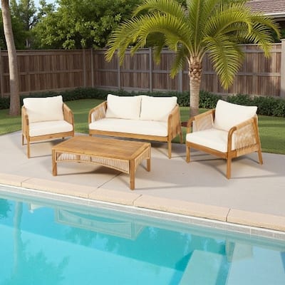 4-Piece Outdoor Patio Conversation Set with Acacia Wood Frame, Coffee Table and Deep Beige Cushions