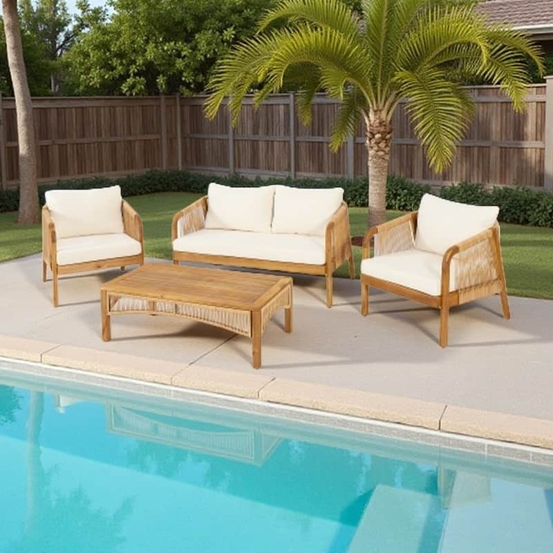 4-Piece Outdoor Patio Conversation Set with Acacia Wood Frame, Coffee Table and Deep Beige Cushions