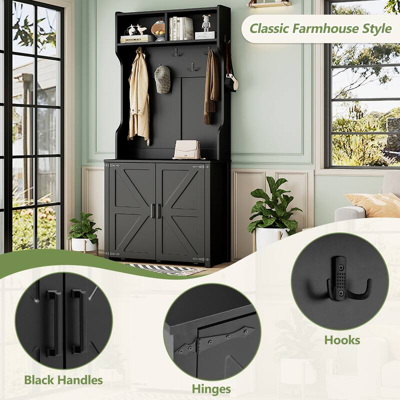 Farmhouse 4-in-1 Hall Tree with Barn Doors, Movable Bench with 7 Hanging Hooks and Shoe Storage Cabinet