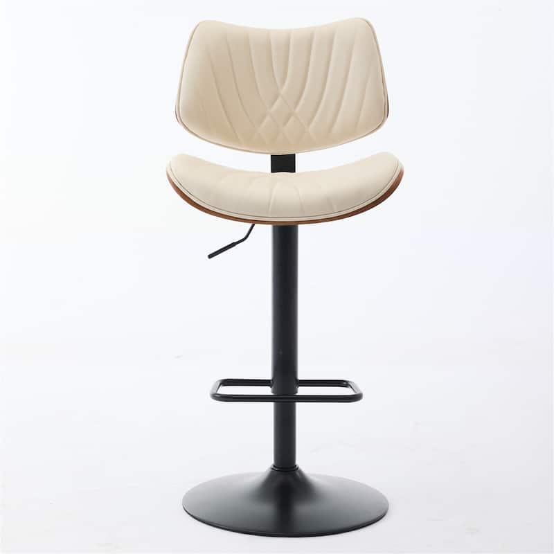 Set of 2 Mid Century Modern Bar Stools Bentwood Frame Adjustable Counter Height 360° Swivel Leather Upholstered